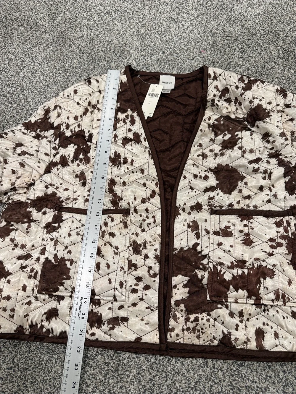 New! Maeve Anthropologie Open Front Cow Print Cream and Brown Quilted Jacket OS - Picture 12 of 14
